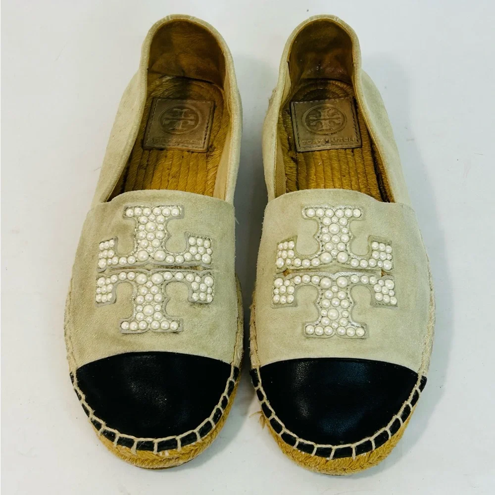 Tory Burch Pearl Logo Flat Espadrille in Black Nappa Leather and Beige Suede 6.5